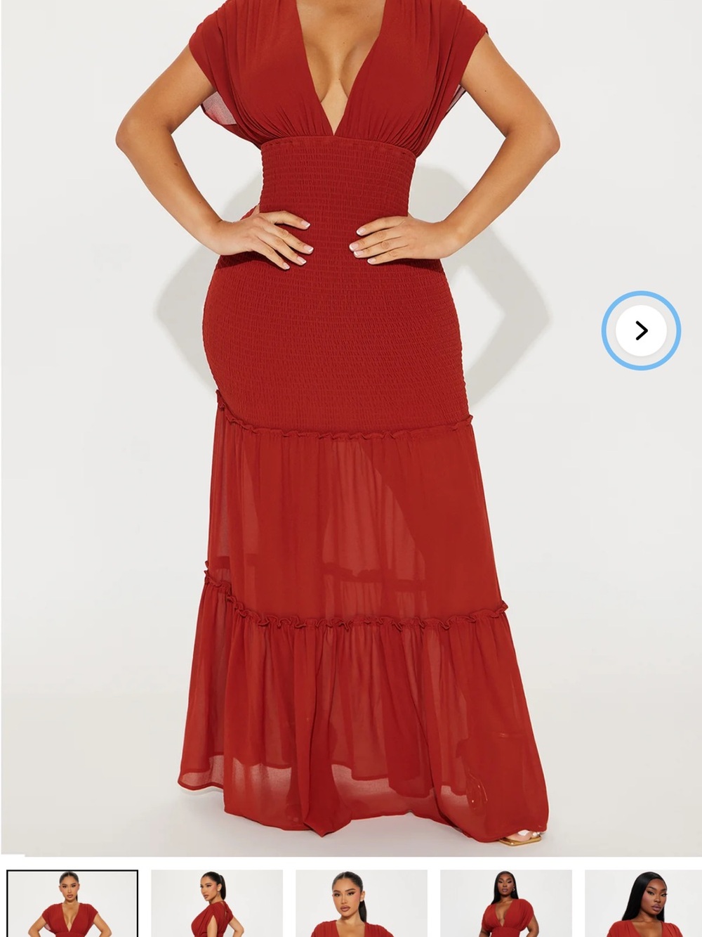 Fashion Nova Brick Red Deep V Smocked Maxi Dress